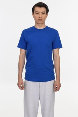 A blue short sleeve fine jersey crew tee on a model, paired with grey sweatpants. The shirt features a logo.