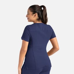 A women's curved V-neck top in navy blue, featuring short sleeves and a fitted design, with branding visible.
