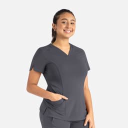 A grey women's curved V-neck top featuring short sleeves and a side pocket, with a logo on the chest.