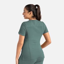 A women's curved V-neck top in a muted teal colour, featuring short sleeves and a fitted design.