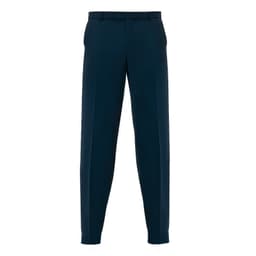 Navy trousers featuring a classic cut and front crease, accompanied by a logo on the waistband.