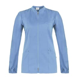 A light blue tunic with a zip front, long sleeves, and two front pockets. It features a simple design and branding.