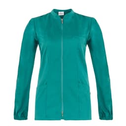 A teal tunic with a zip front, long sleeves, and two front pockets, featuring a small logo.