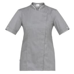 A grey tunic with short sleeves, a mandarin collar, and white piping details. It features a side pocket and a branded logo.