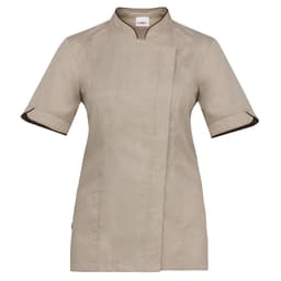 A beige Tania Tunic with short sleeves and a mandarin collar, featuring a sleek design and a logo.