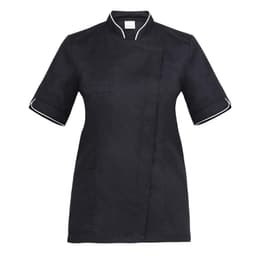 A black chef tunic with short sleeves, featuring a stylish wrap design and contrasting trim. It includes a front pocket and branding.