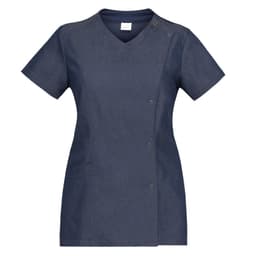 A navy blue Alina Tunic with short sleeves and a V-neck design, featuring a snap button closure and a pocket.