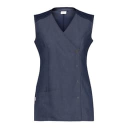 A navy tunic with a wrap design, featuring a pocket and contrasting shoulder panels. It has a logo on the side.