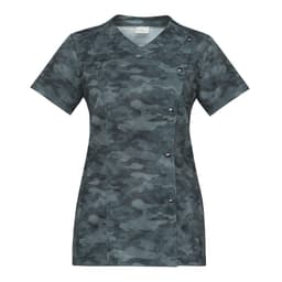 A short-sleeved tunic featuring a green camouflage pattern, with a V-neck and button detailing on the side.