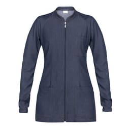 A denim blue jacket with a zip front, long sleeves, a pocket on the chest, and two lower pockets.