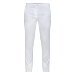 White trousers with a slim fit, featuring a smooth texture and a simple design, including a waistband and pockets.