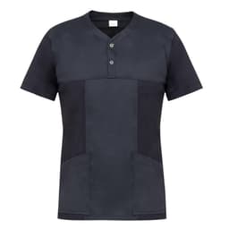 A short-sleeved, button-up jacket in a dark grey colour with contrasting black panels and two front pockets.