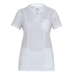 A white tunic featuring a collared neckline, short sleeves, and front pockets. It has a logo on the label.