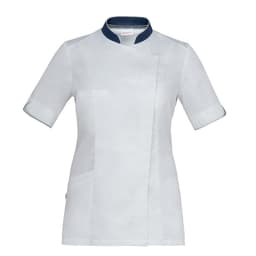 A white tunic with navy accents and short sleeves, featuring a front wrap design and multiple pockets.