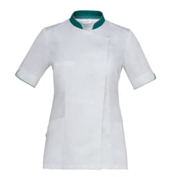 A white tunic with short sleeves and a green collar, featuring a wrap design and two front pockets.