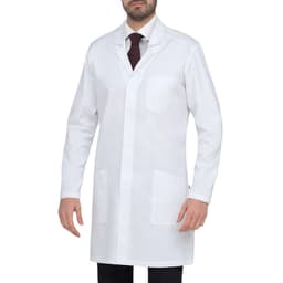 A white lab coat featuring long sleeves, a pocket, and a buttoned front, worn by a man with a tie.