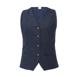 A navy blue vest featuring a button front and two front pockets, with a sleek and tailored design.