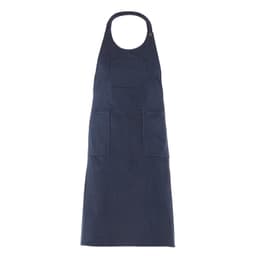 A navy blue apron featuring two front pockets and a neck strap, with a logo on it.