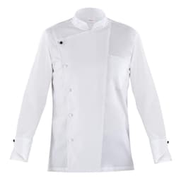 A white chef jacket featuring a double-breasted design and a single breast pocket, with black buttons.