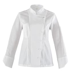 A white chef jacket with long sleeves, featuring a collar and button detailing, and a branding logo.