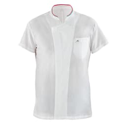 A white chef's jacket featuring a unique front design, short sleeves, and a single chest pocket. It has a logo.