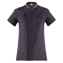 A black short-sleeve jacket with a mandarin collar and a pocket, featuring a logo on the chest.