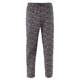 A pair of grey pants with a repeated pattern featuring red and black designs. Includes a drawstring waist.