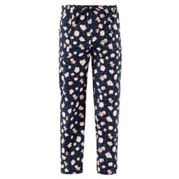 Navy blue pants featuring a playful pattern of cartoon characters in light colours. The pants have an elastic drawstring waistband.