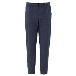 Navy blue pants with a relaxed fit, featuring a button and elastic waistband, and two front pockets.