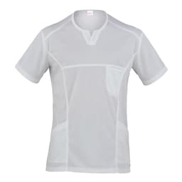 A short-sleeved tunic in white, featuring a simple design with lines and a pocket. Includes a brand logo.