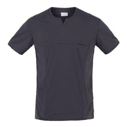 A short-sleeved tunic in dark grey with a V-neck design and two side pockets, featuring a logo.