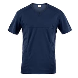Navy blue Eros Tunic featuring short sleeves and a v-neck design, with a subtle logo on the garment.