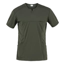 A short-sleeved tunic in olive green with a simple neckline and side pockets, featuring a branded logo.