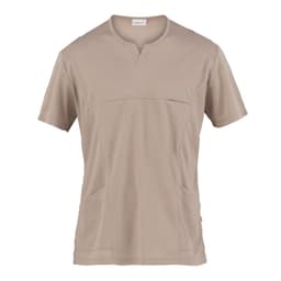 A short-sleeved beige tunic with a v-neck and front pockets. It features a logo on the label.