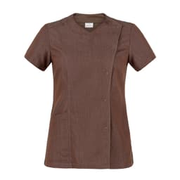 A brown tunic featuring a v-neck, short sleeves, and a button detail, with a pocket on the front.