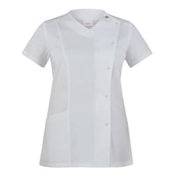 A white tunic featuring a V-neck, short sleeves, and button detailing, with a side pocket and a logo.