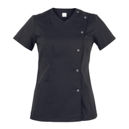 A black tunic with a V-neck and snap button details on the front, featuring short sleeves and a side pocket.