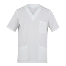 A white tunic with a V-neck, featuring one chest pocket and two front pockets. It has a logo on the side.