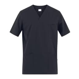 A black tunic featuring a v-neck design, short sleeves, and multiple pockets. It includes a branding logo.