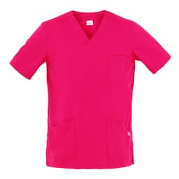 A pink Flavio Tunic featuring a v-neck design, a chest pocket, and two front pockets. It has a brand logo.