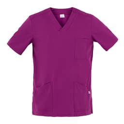 A purple Flavio Tunic with a V-neck, short sleeves, and pockets on the front. It has a logo.