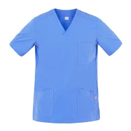 A light blue tunic with a V-neck design, featuring a chest pocket and two front pockets. Brand logo visible.