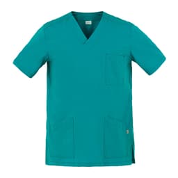 A teal Flavio tunic featuring a V-neck, short sleeves, and multiple pockets. It has a branding logo.