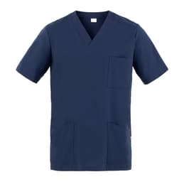 A navy blue Flavio Tunic featuring a V-neck, short sleeves, and multiple pockets. It has a logo.