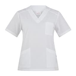 A women's white tunic top featuring a V-neck, short sleeves, and multiple pockets. It has a logo on the label.