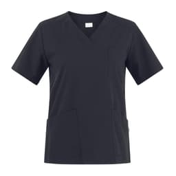 A black Sonia Tunic featuring a V-neck, short sleeves, and multiple pockets. It has a branding logo.