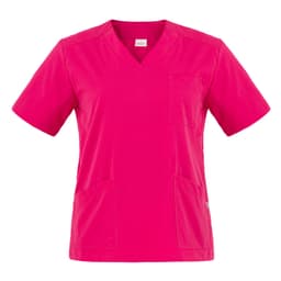 A pink tunic featuring short sleeves and multiple pockets, designed for practical use. It includes a branding logo.