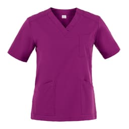 A purple tunic featuring a v-neck, short sleeves, and multiple pockets. It has a logo on the label.