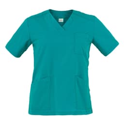 A teal Sonia Tunic featuring a v-neck, short sleeves, and two front pockets. The tunic has a brand logo.