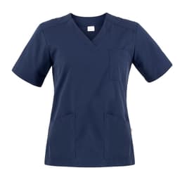A navy blue Sonia Tunic featuring a V-neck, short sleeves, and front pockets. It has a small logo on the side.